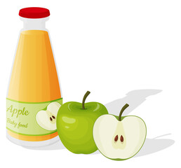 Baby food apple juice.A glass bottle with juice for children, and apples lying nearby.Vector illustration.
