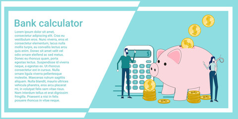 Bank calculator.People on the background of piggy bank.An illustration in the style of a green landing page.