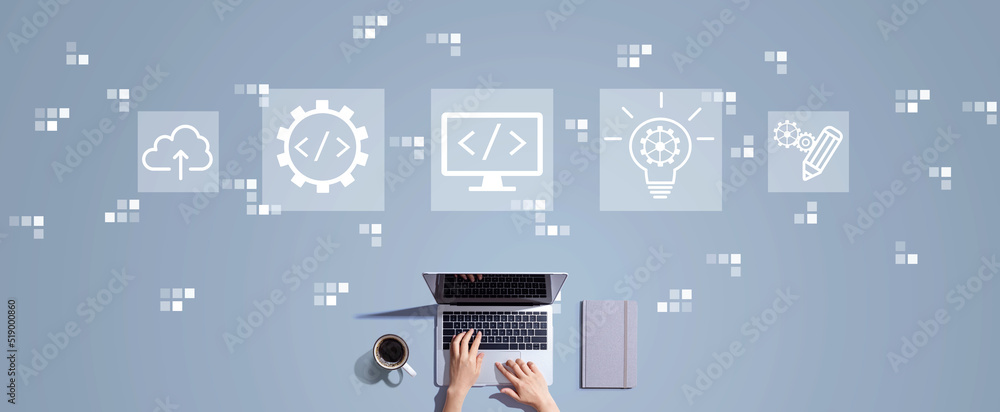 Poster web development concept with person working with a laptop