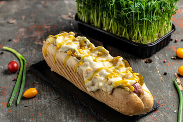 Hot dog with sausage, cheese and corn. banner, menu, recipe place for text, top view