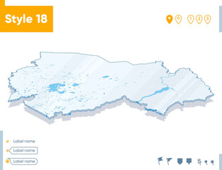 Novosibirsk Region, Russia - 3d map on white background with water and roads. Vector map with shadow.