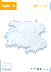 Omsk Region, Russia - 3d map on white background with water and roads. Vector map with shadow.