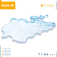 Republic of Sakha Yakutia, Russia - 3d map on white background with water and roads. Vector map with shadow.