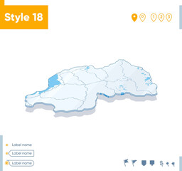 Rwanda - 3d map on white background with water and roads. Vector map with shadow.