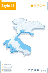 Thailand - 3d map on white background with water and roads. Vector map with shadow.