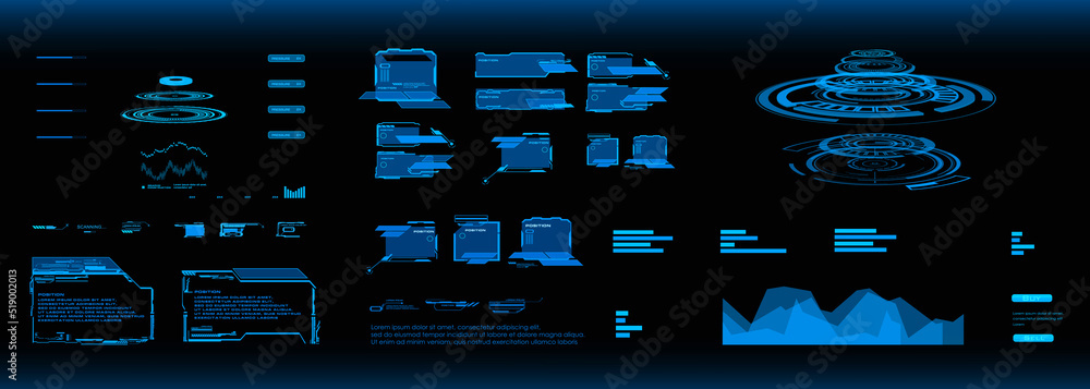 Poster digital virtual futuristic user interface. virtual panel with a set of hud, gui elements. hologram p