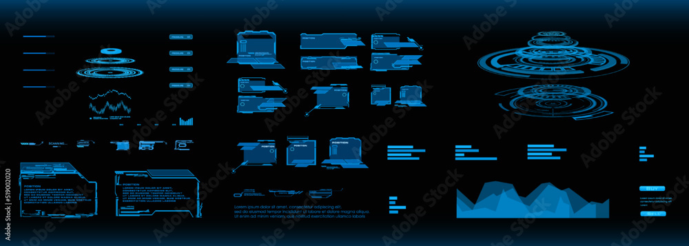Poster digital virtual futuristic user interface. virtual panel with a set of hud, gui elements. hologram p