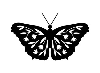 Vector hand drawn illustration of Flower Butterfly. Isolated black silhouette with floral ornament on white background © Olga Miraniuk