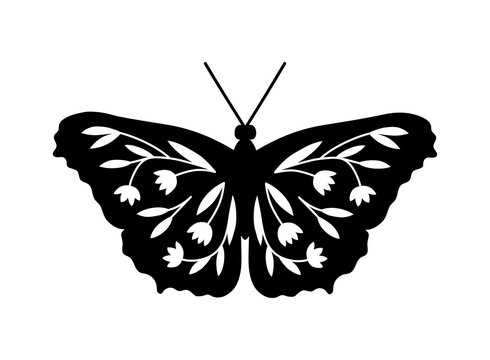 Vector hand drawn illustration of Flower Butterfly. Isolated black silhouette with floral ornament on white background