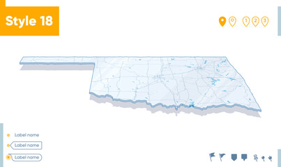 Oklahoma, USA - 3d map on white background with water and roads. Vector map with shadow.