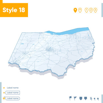 Ohio, USA - 3d map on white background with water and roads. Vector map with shadow.
