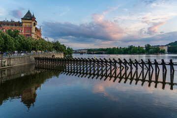 Prague View by the Vitava River dam in the evening.
