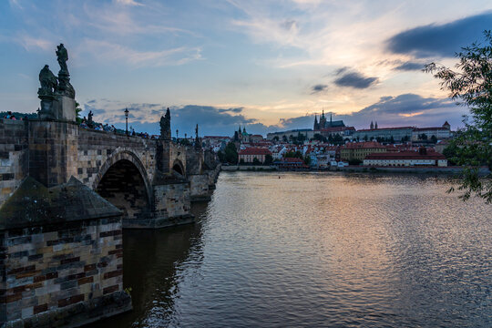 Vitava River and Carl Bridge in the evening.