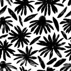 Fototapeta na wymiar Abstract black flowers vector seamless pattern. Botanical ink ornament with floral motif. Camomile or daisy painted by brush. Flower buds with texture and scribbles. Brush stroke botanical pattern.