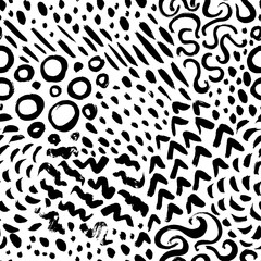 Doodle style vector seamless pattern. Creative simple style art background with curly lines, dots, circles and stripes. Hand drawn black ink seamless patterns. Trendy monochrome brush marks.