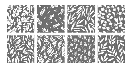 Collection of botanical seamless patterns with branches and leaves. Hand drawn black and white ornaments. Tropical fern leaves, thyme, olive branches, eucalyptus. Natural organic vector ornaments © Anastasiia Hevko