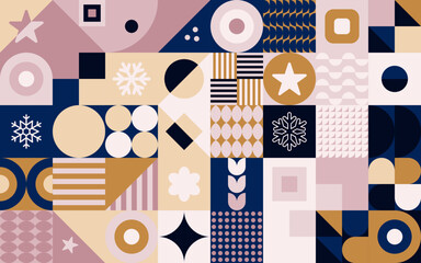 Geometryczna kompozycja - kolorowa mozaika z gwiazdkami i płatkami śniegu. Powtarzający się wzór w stylu bauhaus do zastosowania jako tło do projektów. - obrazy, fototapety, plakaty