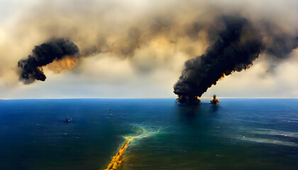 Ölkatastrophe im Ozean mit einer brennenden Ölplattform