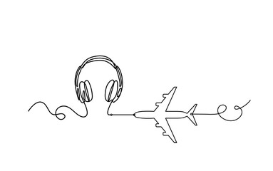 Abstract headphones with plane as continuous lines drawing on white background