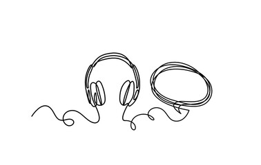 Abstract headphones with comment as continuous lines drawing on white background