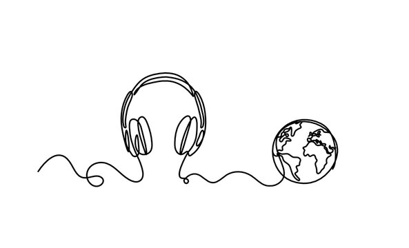 Abstract headphones with globe as continuous lines drawing on white background