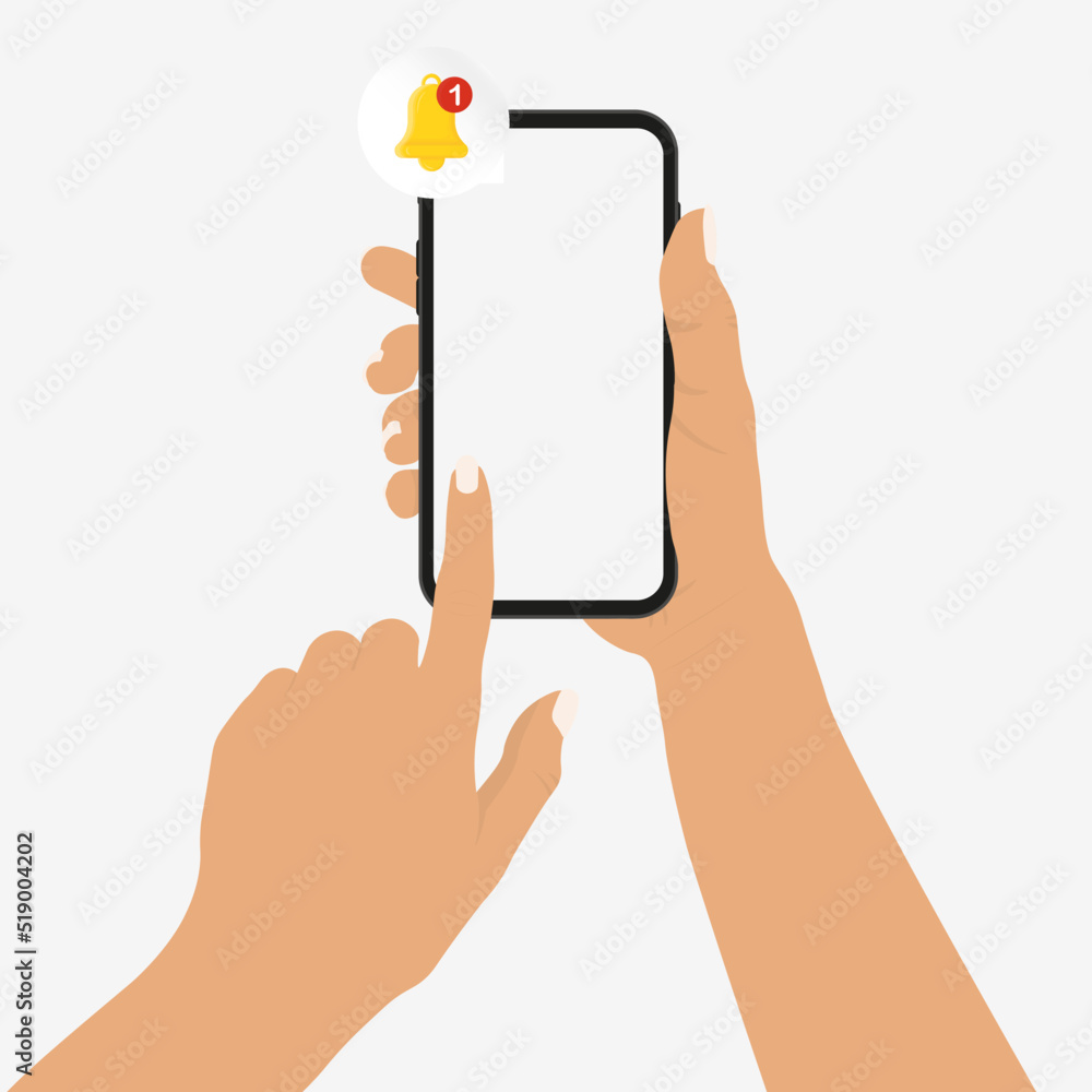 Poster hand holds phone with notification. alert message on smartphone screen. notification concept of new 