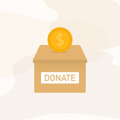 Donation and Charity. Donate money concept. Golden coin fund in money box. Vector illustration.