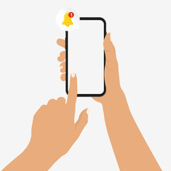 Hand holds phone with notification. Alert message on smartphone screen. Notification concept of new message or other notice. Vector illustration. 
