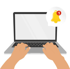 Laptop with bell notification speech bubble in a flat design. Vector illustration.