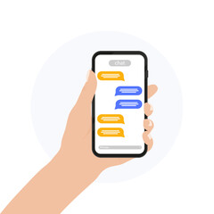 Mobile phone chat message notifications. Hand with smartphone and chatting bubble speeches, concept of online talking, speak, conversation, dialog. Vector illustration