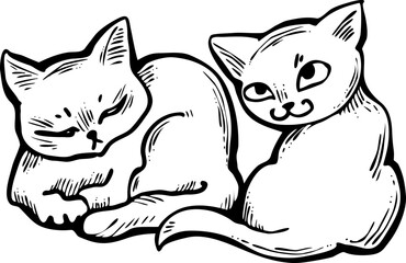 Cute cats friends sitting together. Decorative border, banner, postcard, poster print for kids room or birthday. Logo design for veterinary. Hand drawn illustration. Cartoon character vector drawing.
