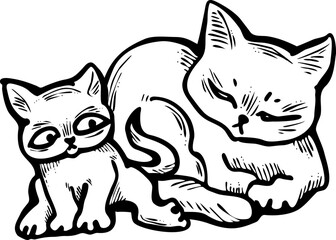 Cute cats friends sitting together. Decorative border, banner, postcard, poster print for kids room or birthday. Logo design for veterinary. Hand drawn illustration. Cartoon character vector drawing.