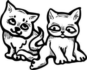 Cute cats friends sitting together. Decorative border, banner, postcard, poster print for kids room or birthday. Logo design for veterinary. Hand drawn illustration. Cartoon character vector drawing.