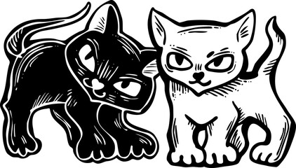 Fototapeta na wymiar Cute cats friends sitting together. Decorative border, banner, postcard, poster print for kids room or birthday. Logo design for veterinary. Hand drawn illustration. Cartoon character vector drawing.