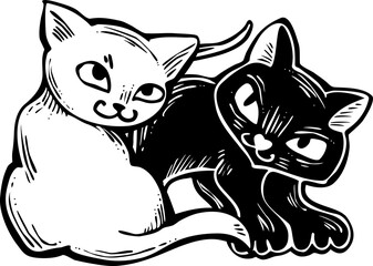 Cute cats friends sitting together. Decorative border, banner, postcard, poster print for kids room or birthday. Logo design for veterinary. Hand drawn illustration. Cartoon character vector drawing.