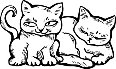 Cute cats friends sitting together. Decorative border, banner, postcard, poster print for kids room or birthday. Logo design for veterinary. Hand drawn illustration. Cartoon character vector drawing.