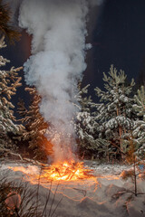campfire with thick smoke in the forest at night