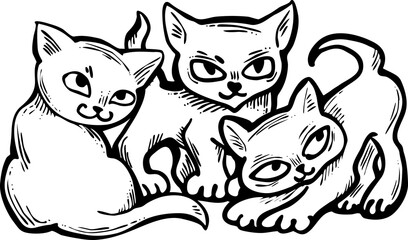 Cute cats friends sitting together. Decorative border, banner, postcard, poster print for kids room or birthday. Logo design for veterinary. Hand drawn illustration. Cartoon character vector drawing.