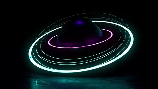 sci-fi planet with neon rings . loop