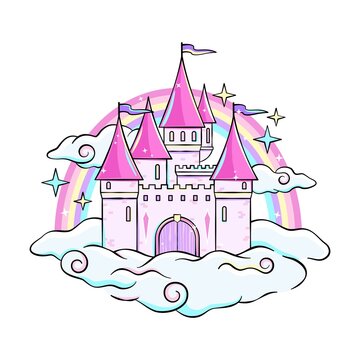 Magic sparkling castle on clouds with rainbow behind it, cute fantasy cartoon style vector drawing