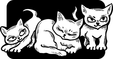 Cute cats friends sitting together. Decorative border, banner, postcard, poster print for kids room or birthday. Logo design for veterinary. Hand drawn illustration. Cartoon character vector drawing.