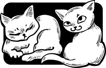 Cute cats friends sitting together. Decorative border, banner, postcard, poster print for kids room or birthday. Logo design for veterinary. Hand drawn illustration. Cartoon character vector drawing.