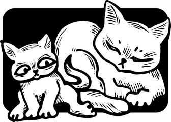 Cute cats friends sitting together. Decorative border, banner, postcard, poster print for kids room or birthday. Logo design for veterinary. Hand drawn illustration. Cartoon character vector drawing.