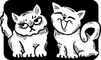 Cute cats friends sitting together. Decorative border, banner, postcard, poster print for kids room or birthday. Logo design for veterinary. Hand drawn illustration. Cartoon character vector drawing.