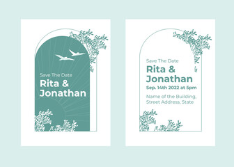 wedding card design in victorian retro or modern style. Clean two-tone design with plants and flying birds. Vector flat illustration
