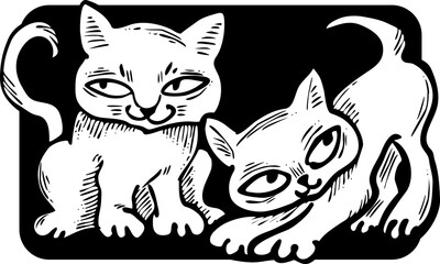 Cute cats friends sitting together. Decorative border, banner, postcard, poster print for kids room or birthday. Logo design for veterinary. Hand drawn illustration. Cartoon character vector drawing.