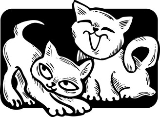 Cute cats friends sitting together. Decorative border, banner, postcard, poster print for kids room or birthday. Logo design for veterinary. Hand drawn illustration. Cartoon character vector drawing.