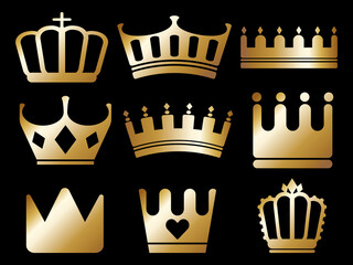 王冠のアイコン9種セット　ゴールド - obrazy, fototapety, plakaty