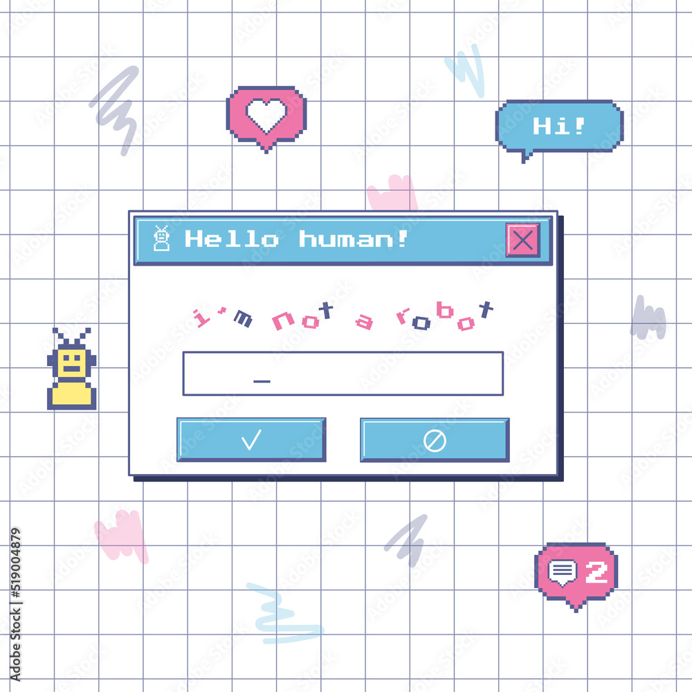 Fototapete A dialog box with a robot check. A captcha window in style of an old computer. Nostalgic retro 90s user interface. Pixel stickers with icons. Vector illustration on a notebook sheet in a cage.