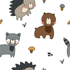 Seamless pattern with cute forest animals. Colorful vector illustration isolated on white background for your design